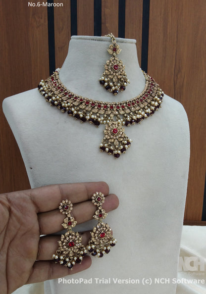 Maroon necklace Indian vendi jewellery set