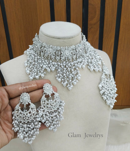 Silver White  Choker Set Indian Choker Siraj Jewellery