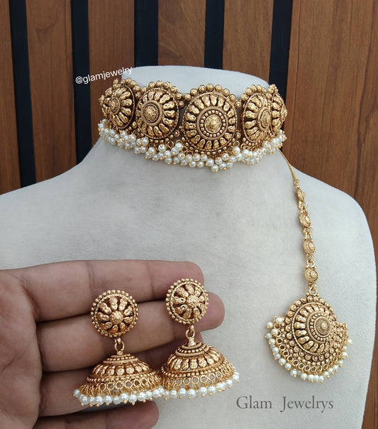 Gold polki choker Indain jewellery selvi set