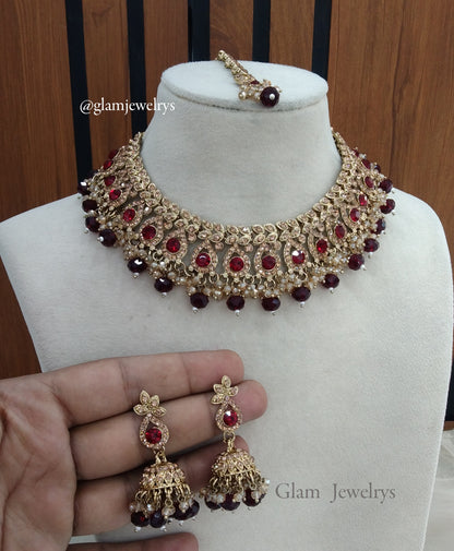 Indian Jewelry Maroon Necklace Rimpi Set