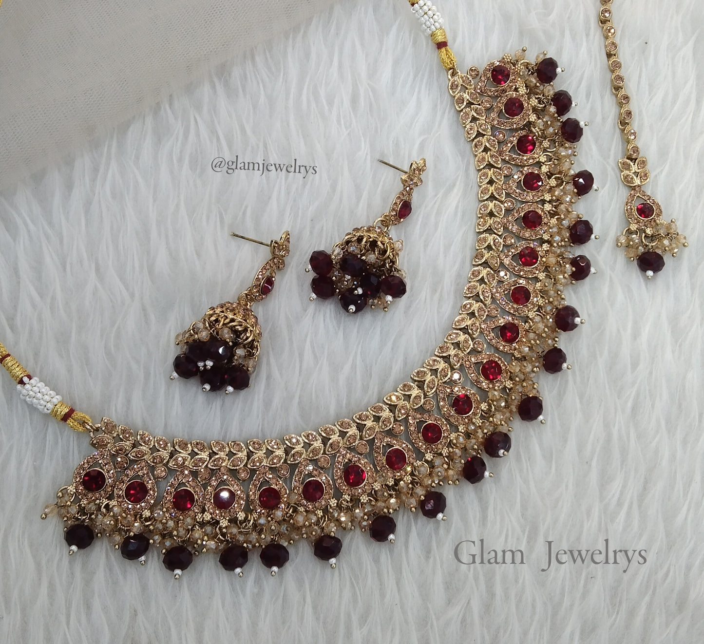 Indian Jewelry Maroon Necklace Rimpi Set