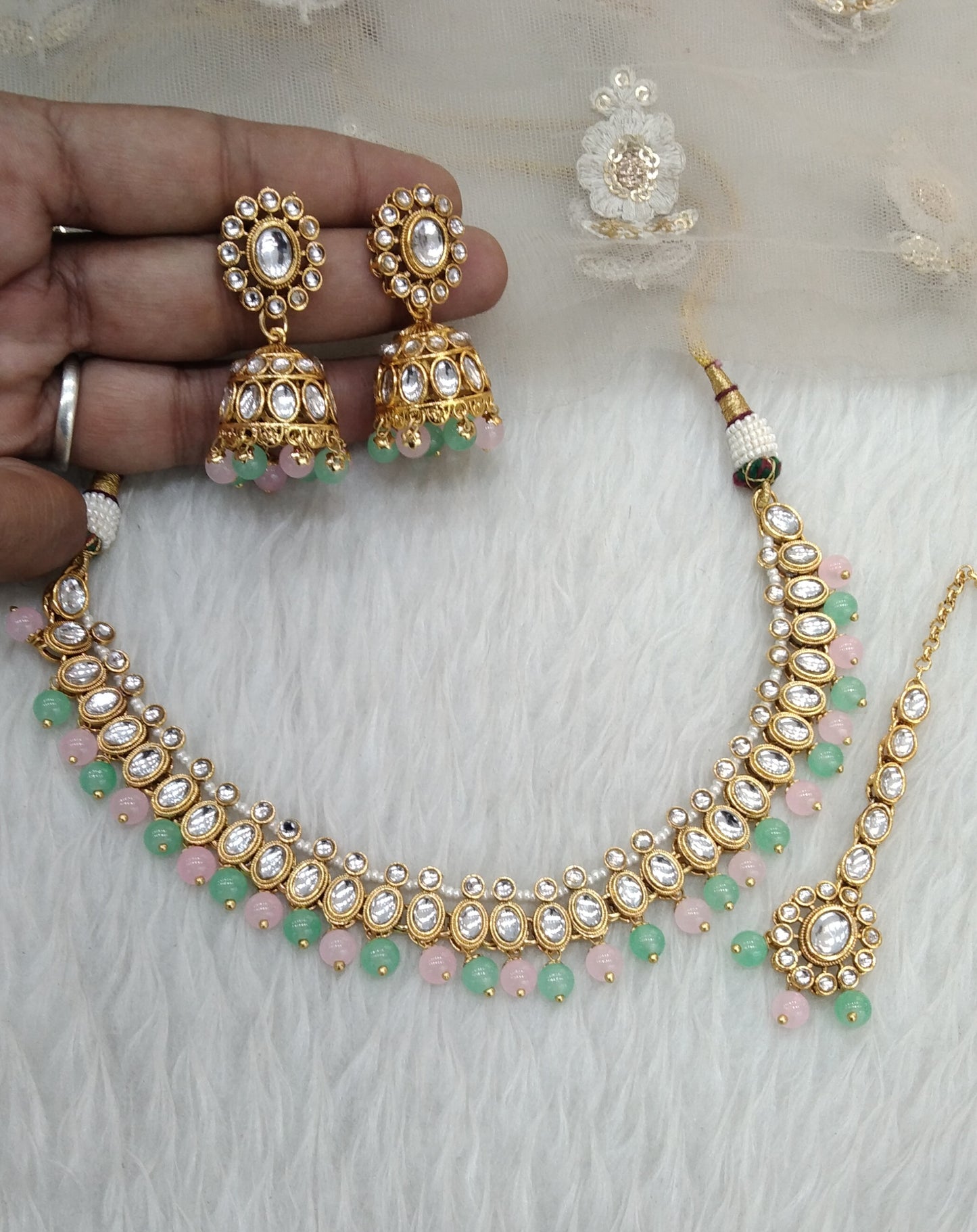 Mint Pink Indian Jewellery kundan Necklace Lisa set