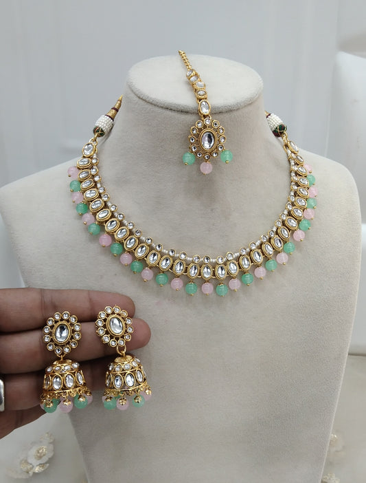 Mint Pink Indian Jewellery kundan Necklace Lisa set