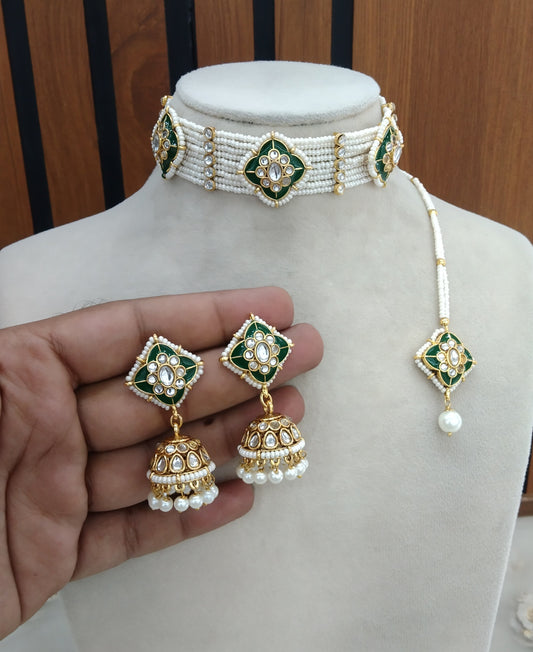 White Indian Jewellery  Kundan choker Solo Set