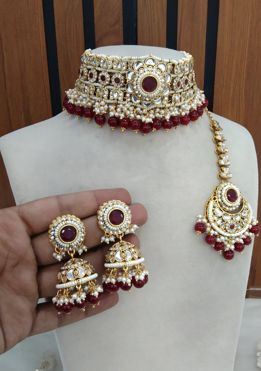 Kundan choker Jewellery Set/ Gold Maroon Indian Preet sets