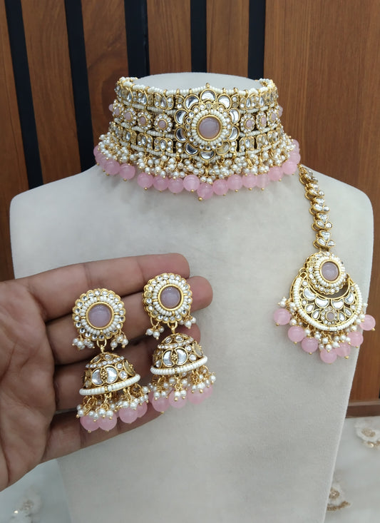 Kundan choker Jewellery Set/ Gold Baby Pink Indian Preet sets (Copy)