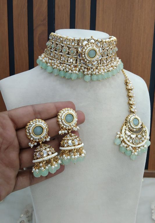 Kundan choker Jewellery Set/ Gold Pista Indian Preet sets