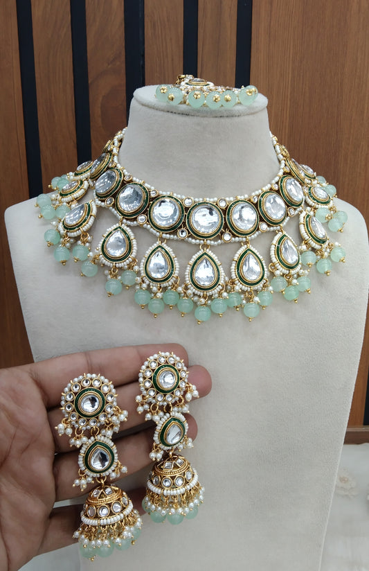 Pastel Green Kundan necklace Jewellery Manu Set