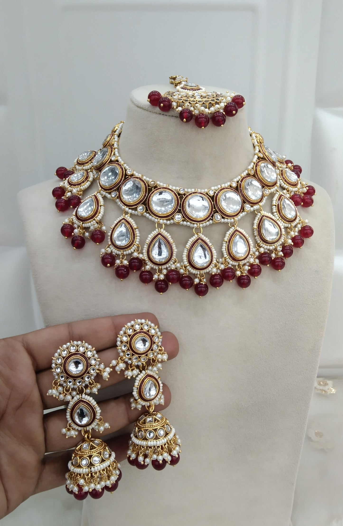 Maroon Kundan necklace Jewellery Manu Set