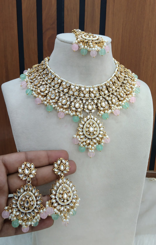 Mint Pink Kundan necklace Jewelry Aman Set