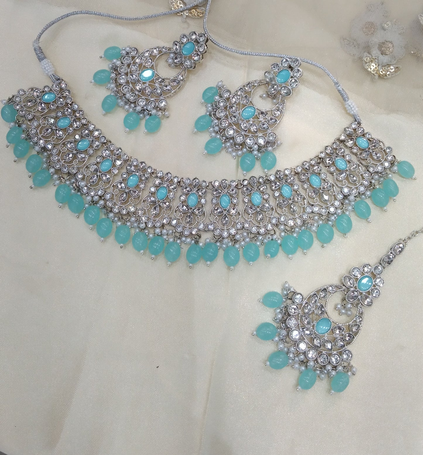 Silver Sky blue necklace Indian Bridal Jewellery liva set