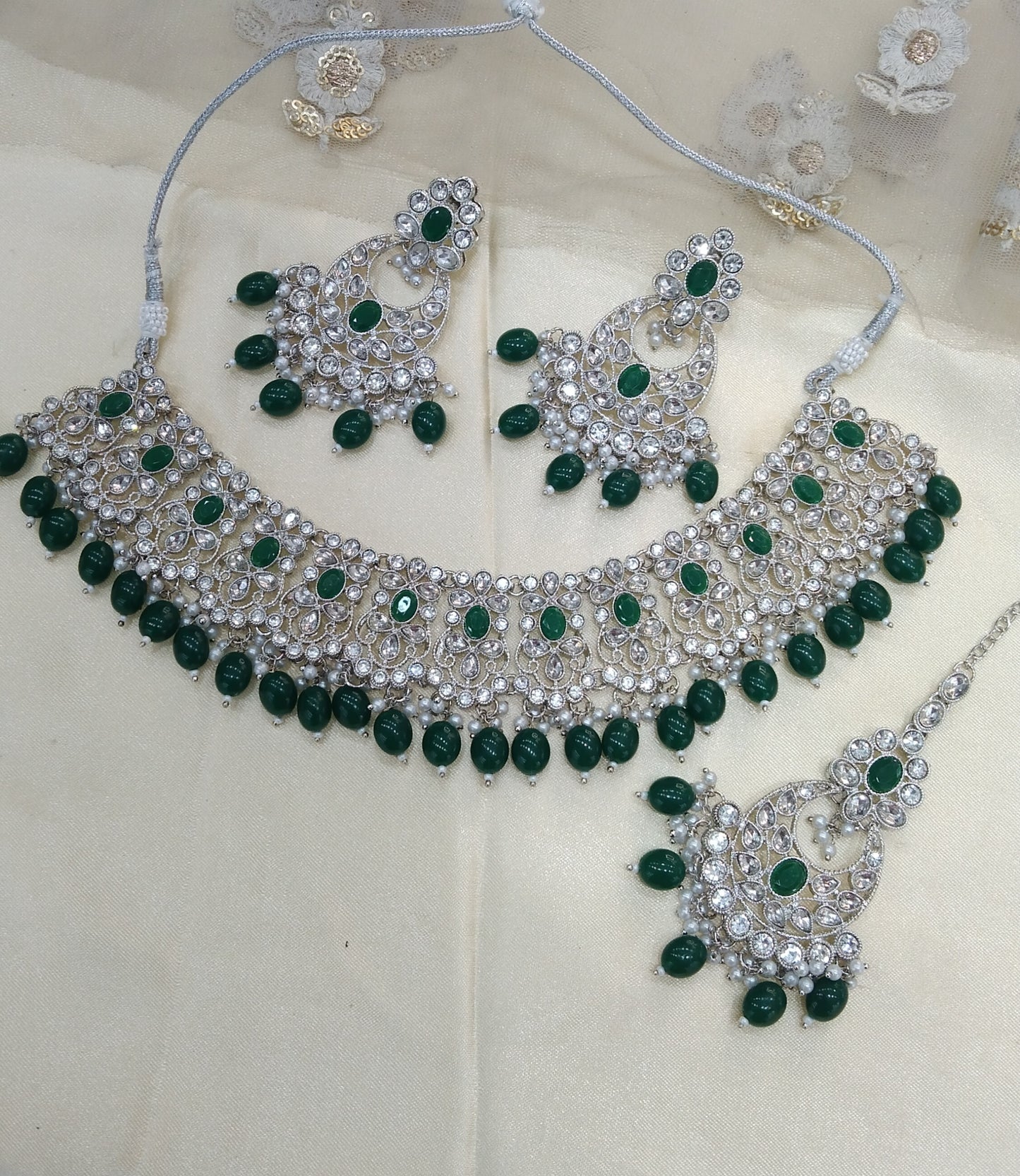 Silver Green necklace Indian Bridal Jewellery liva set