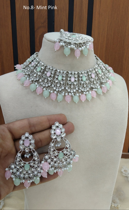 Silver Mint Pink necklace Indian Bridal Jewellery liva set