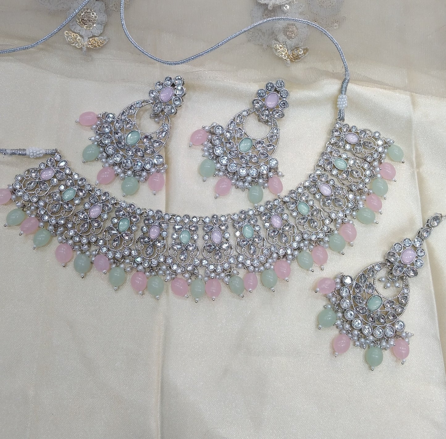 Silver Mint Pink necklace Indian Bridal Jewellery liva set