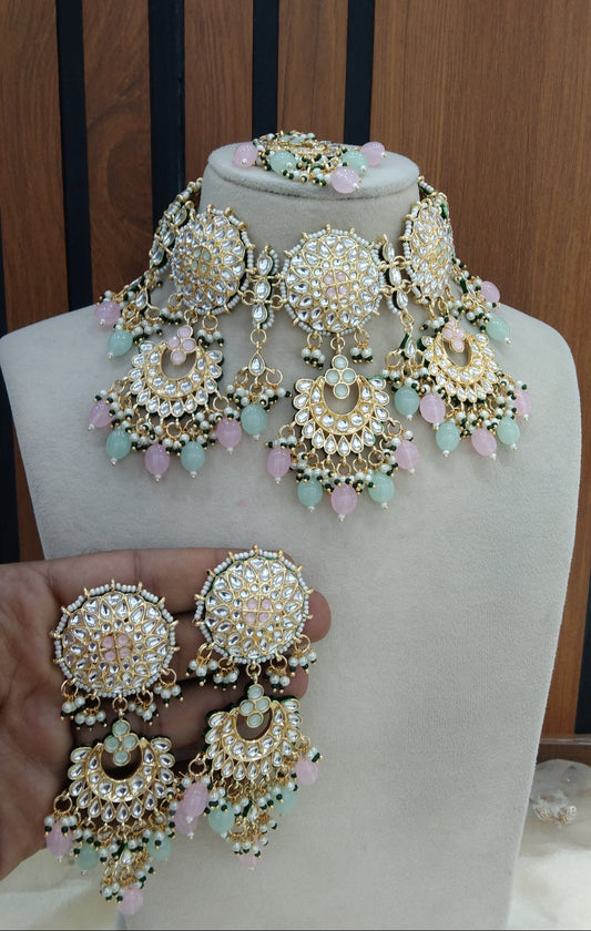 Indian Jewellery/ Mint Pink Bridal Kundan necklace Eric Set