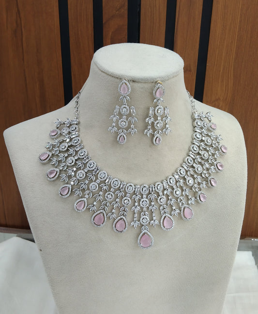 Silver Pink American Diamond Cz Necklace Jewellery Aki set