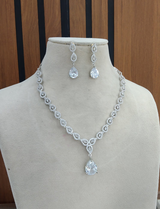 Silver American Diamond White Cz Necklace Jewellery Anu set