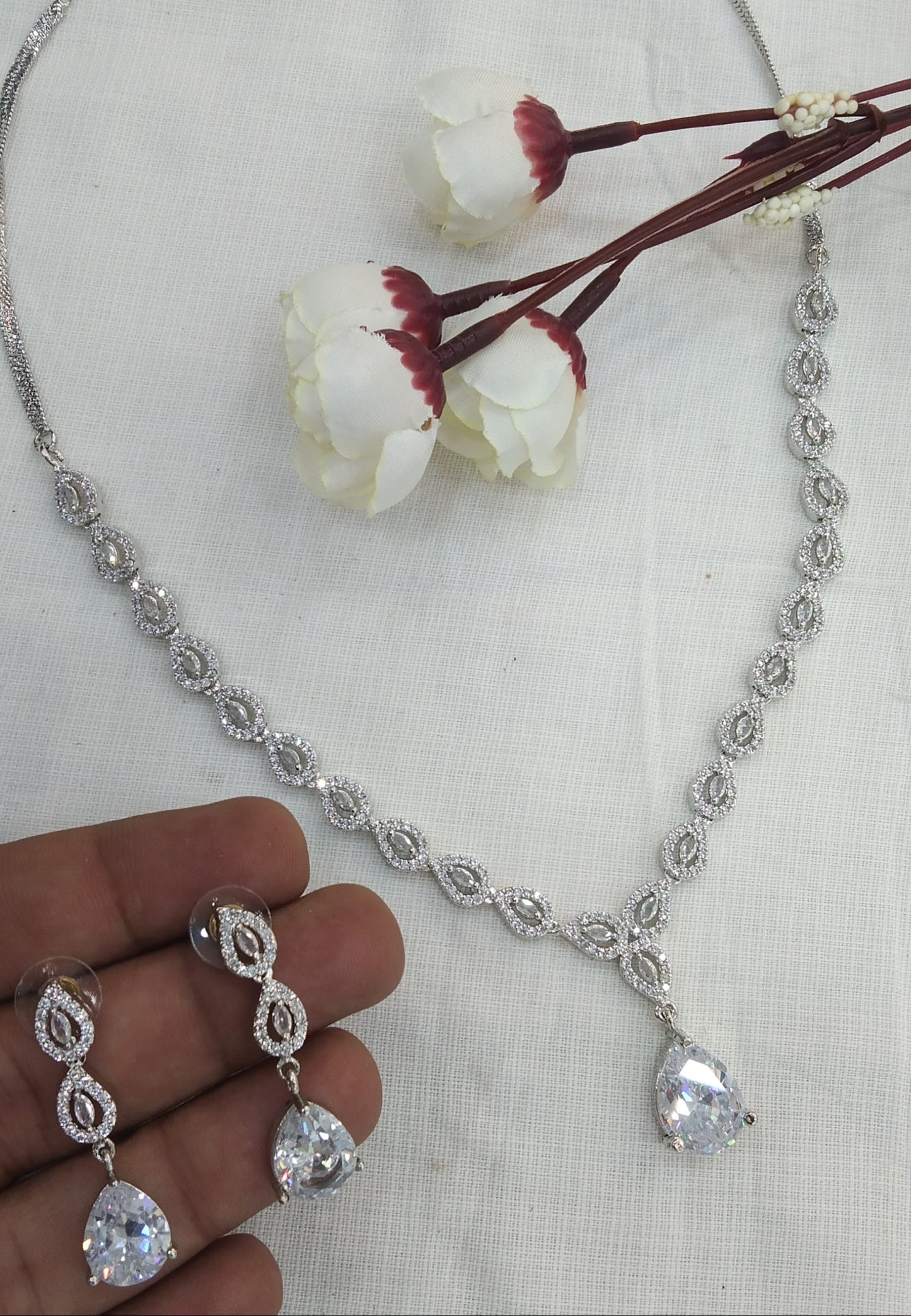 Silver American Diamond White Cz Necklace Jewellery Anu set