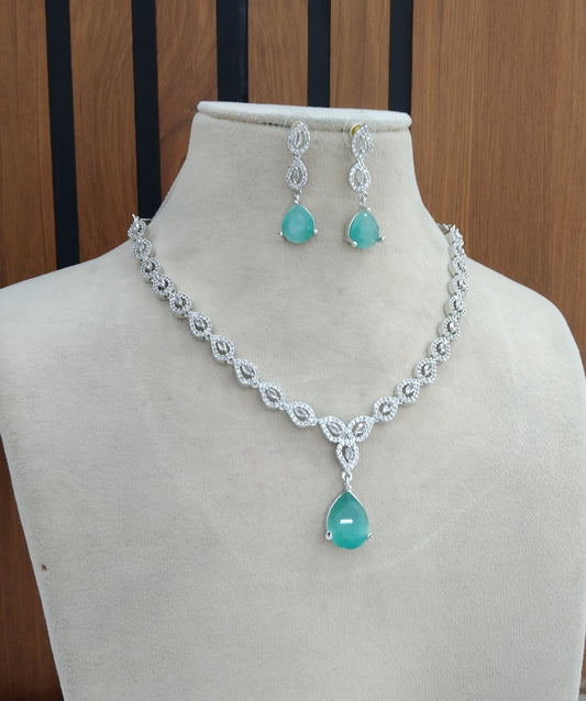 Silver American Diamond Sea Green Cz Necklace Jewellery Anu set