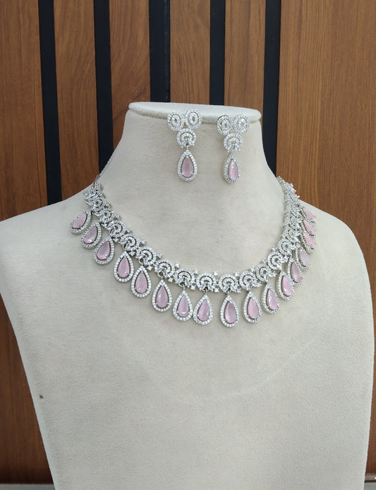 Silver Pink American Diamond Cz Necklace Jewellery Usha set