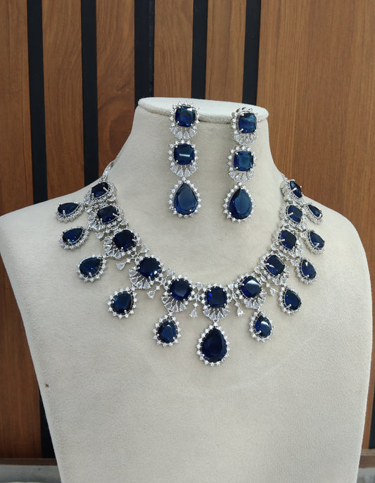 Silver Blue American Diamond Cz Necklace Jewellery Usha set