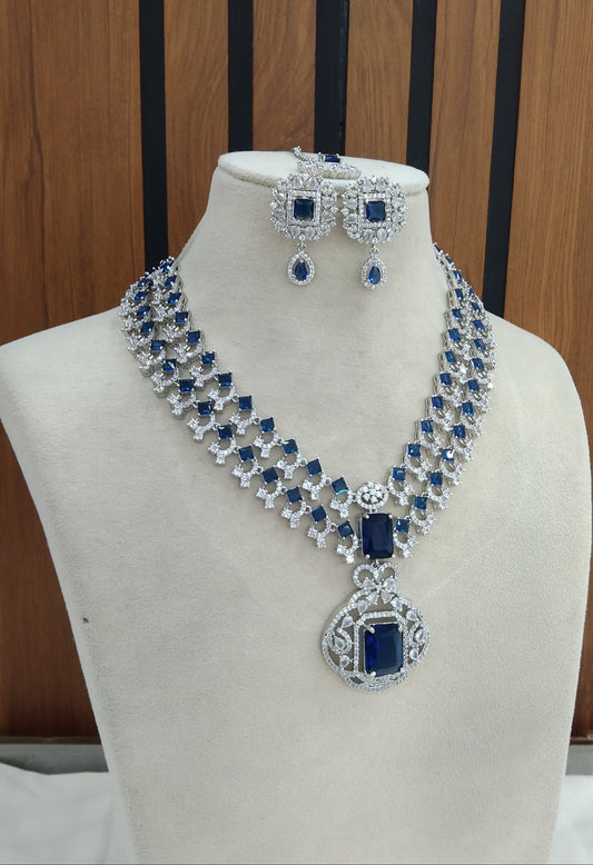 Silver American Diamond Blue Cz Necklace Jewellery kato set