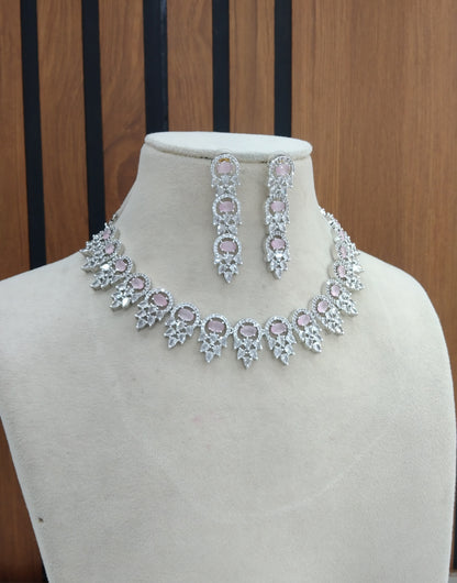 Silver Pink American Diamond Cz Necklace Jewellery kato set