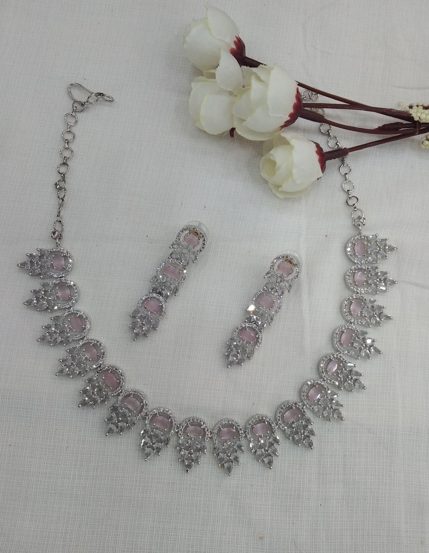 Silver Pink American Diamond Cz Necklace Jewellery kato set