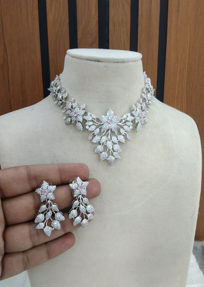 Silver Pink American Diamond Cz Necklace Jewellery Titu set