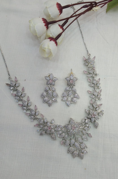 Silver Pink American Diamond Cz Necklace Jewellery Titu set