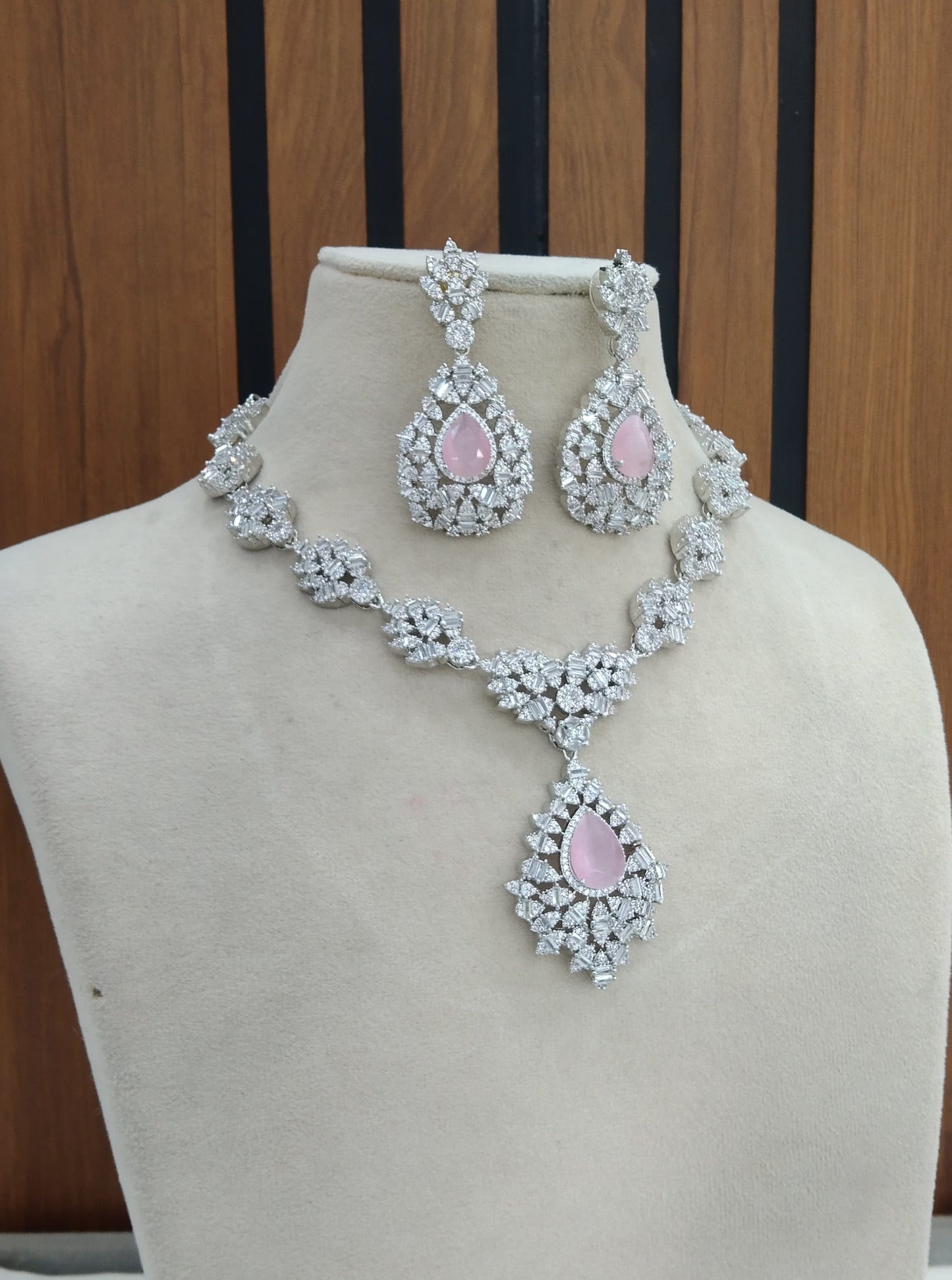 Silver Pink American Diamond Cz Necklace Jewellery Rita set