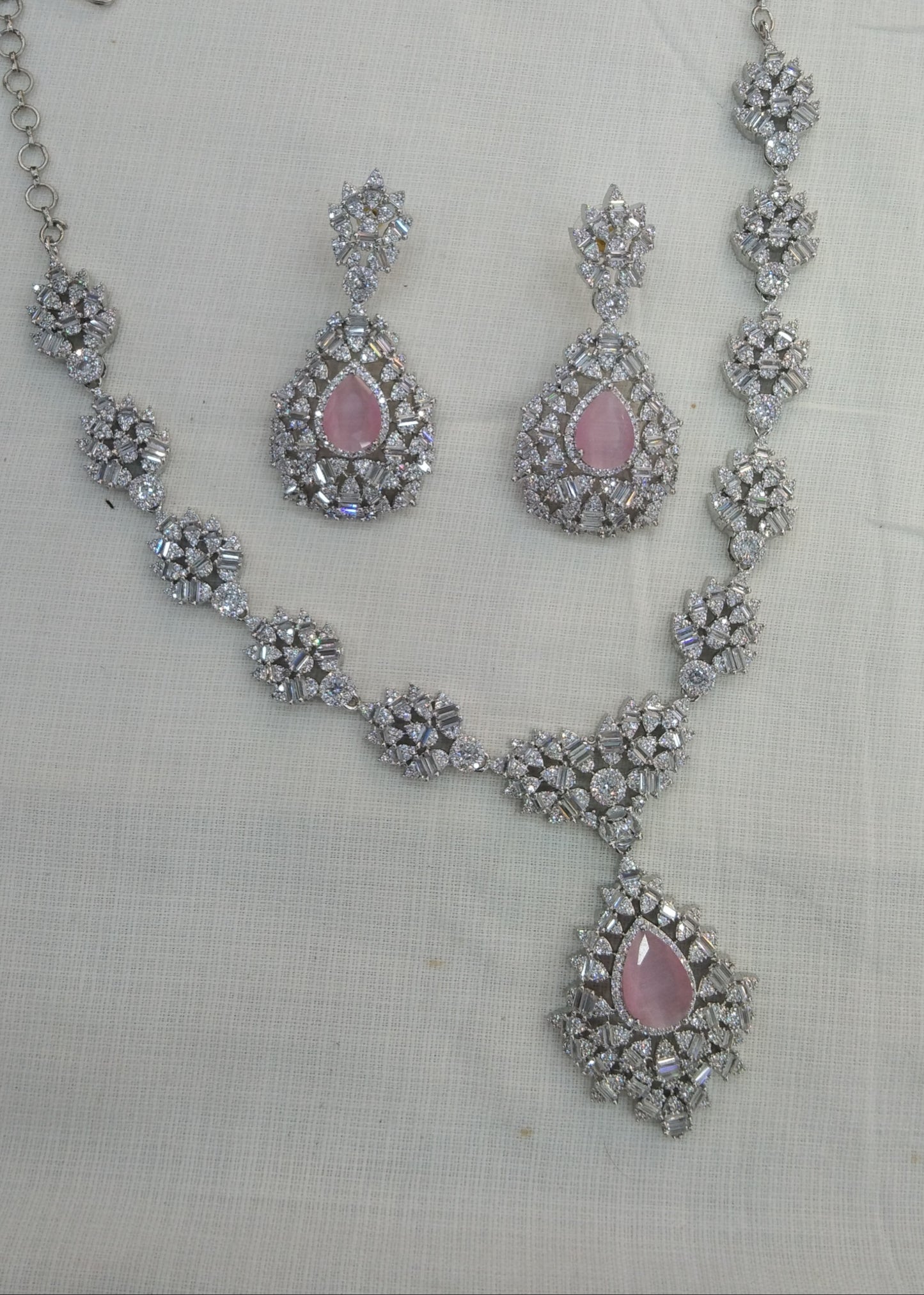 Silver Pink American Diamond Cz Necklace Jewellery Rita set