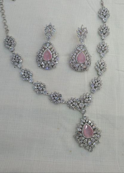 Silver Pink American Diamond Cz Necklace Jewellery Rita set