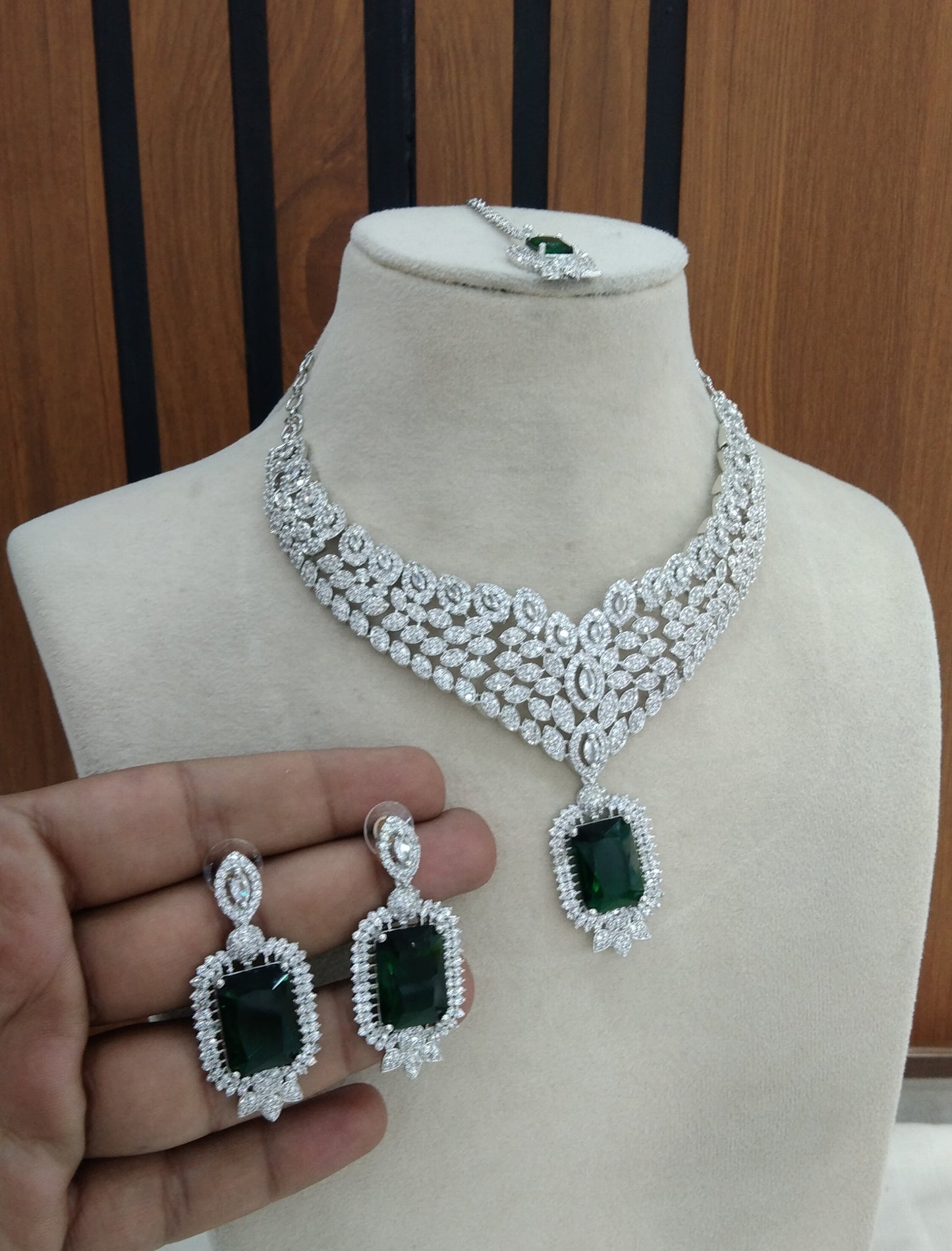 Silver Green American Diamond Cz Necklace Jewellery Switi set