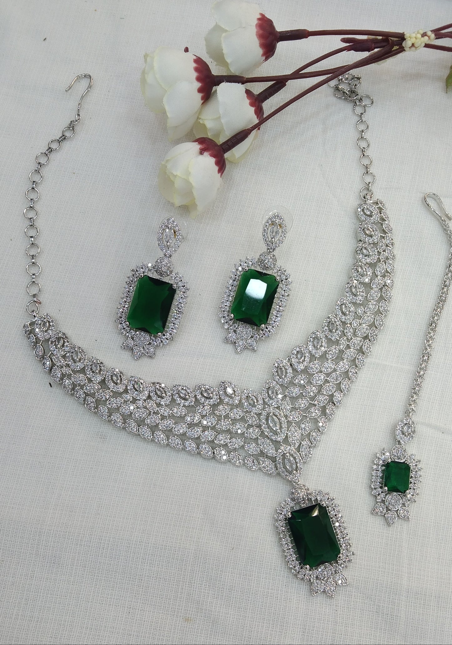 Silver Green American Diamond Cz Necklace Jewellery Switi set