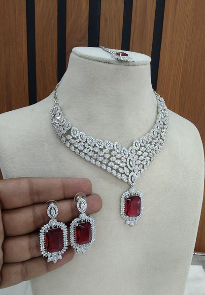 Silver Ruby American Diamond Cz Necklace Jewellery Switi set