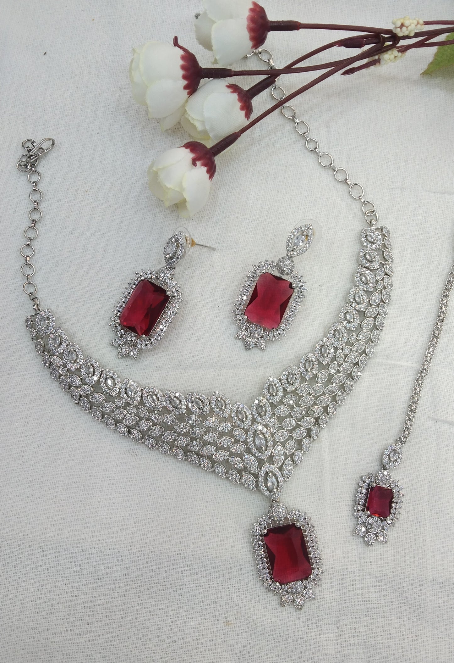 Silver Ruby American Diamond Cz Necklace Jewellery Switi set