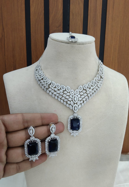 Silver Blue American Diamond Cz Necklace Jewellery Switi set