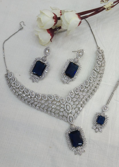 Silver Blue American Diamond Cz Necklace Jewellery Switi set