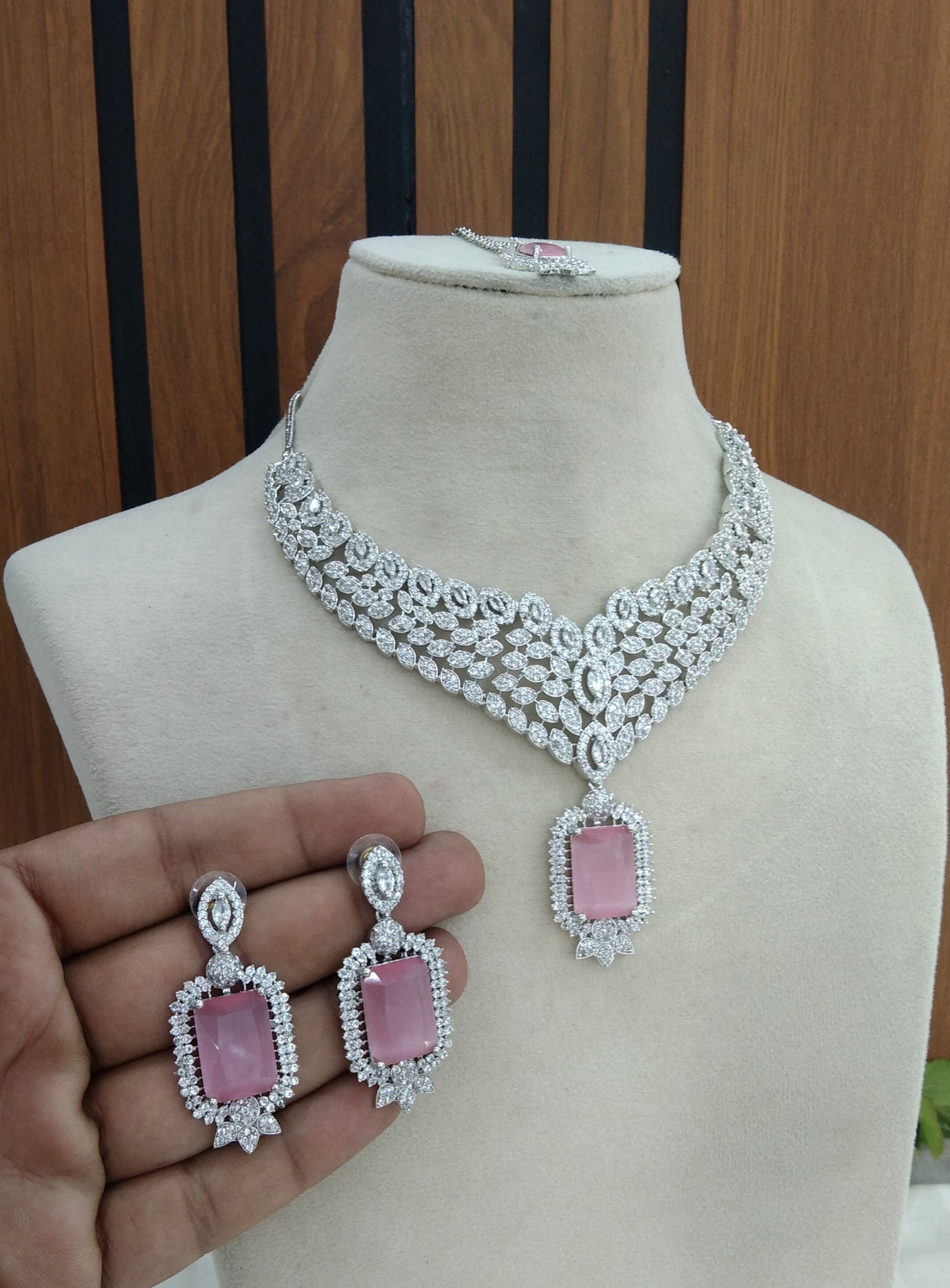 Silver Pink American Diamond Cz Necklace Jewellery Switi set