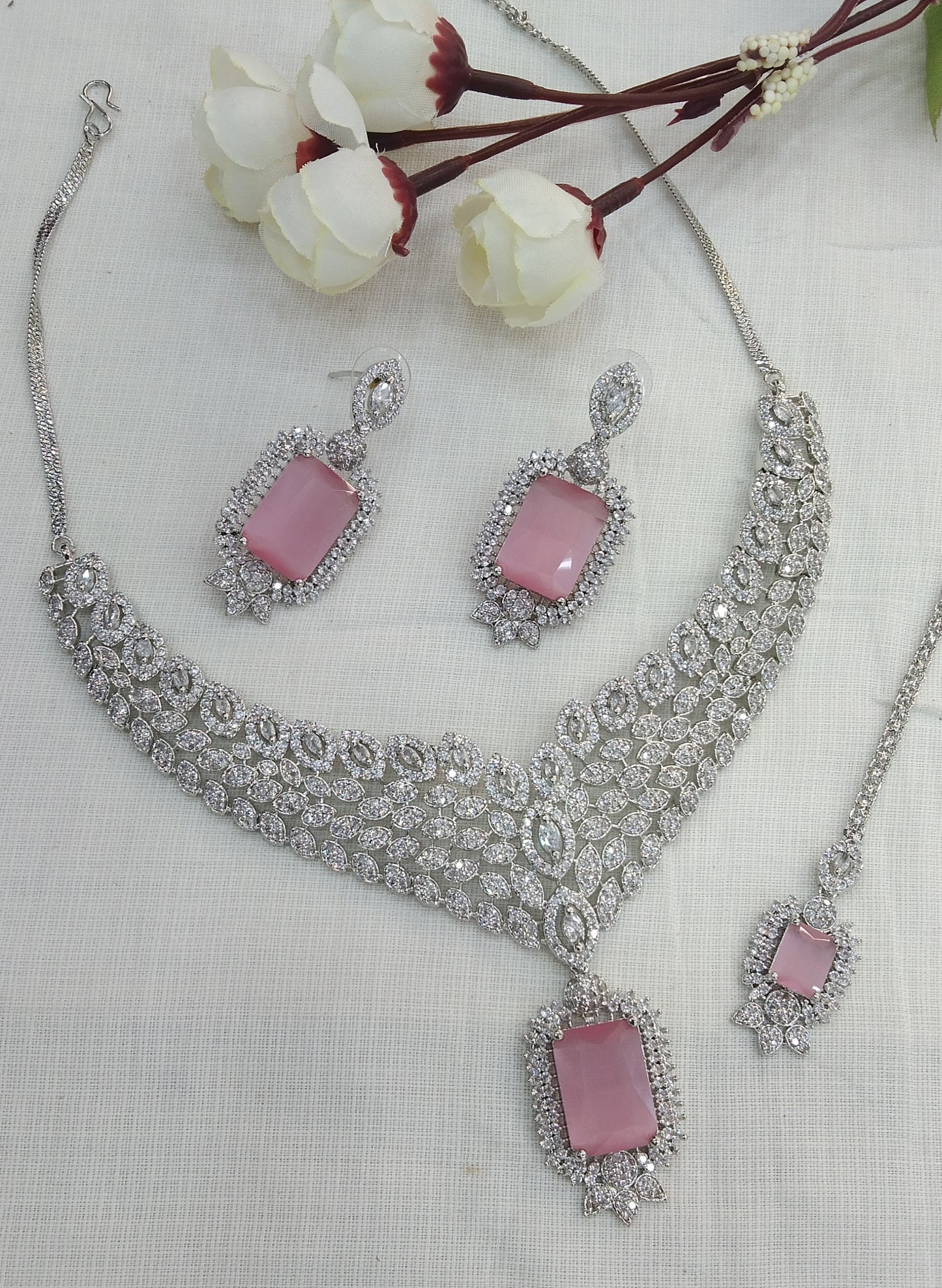 Silver Pink American Diamond Cz Necklace Jewellery Switi set