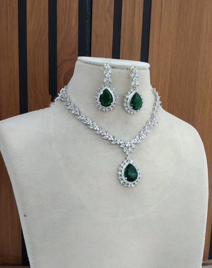 Green Silver Rani  American Diamond Cz Necklace Jewellery  set