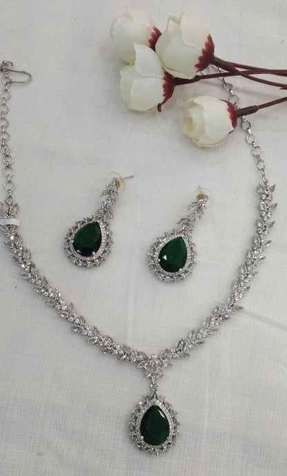 Green Silver Rani  American Diamond Cz Necklace Jewellery  set