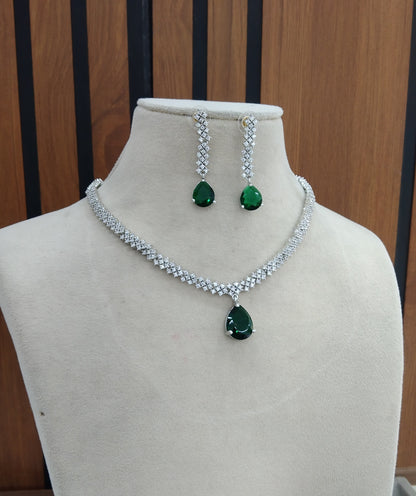 Green Silver Rani  American Diamond Cz Necklace Jewellery  set