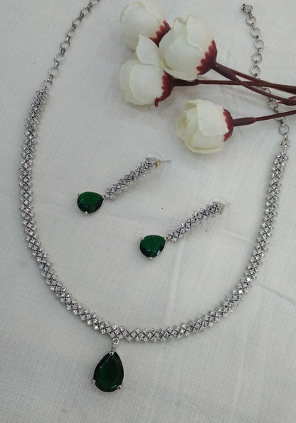 Green Silver Rani  American Diamond Cz Necklace Jewellery  set