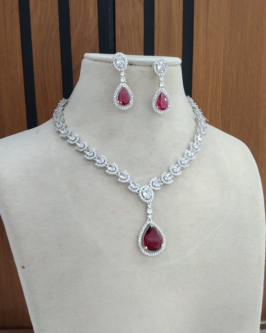 Ruby Silver Rani  American Diamond Cz Necklace Jewellery  set