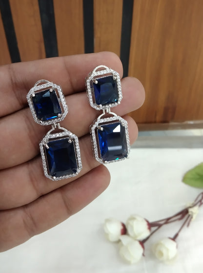 Silver Cubic Zirconia Diamond Kiran Earrings Blue