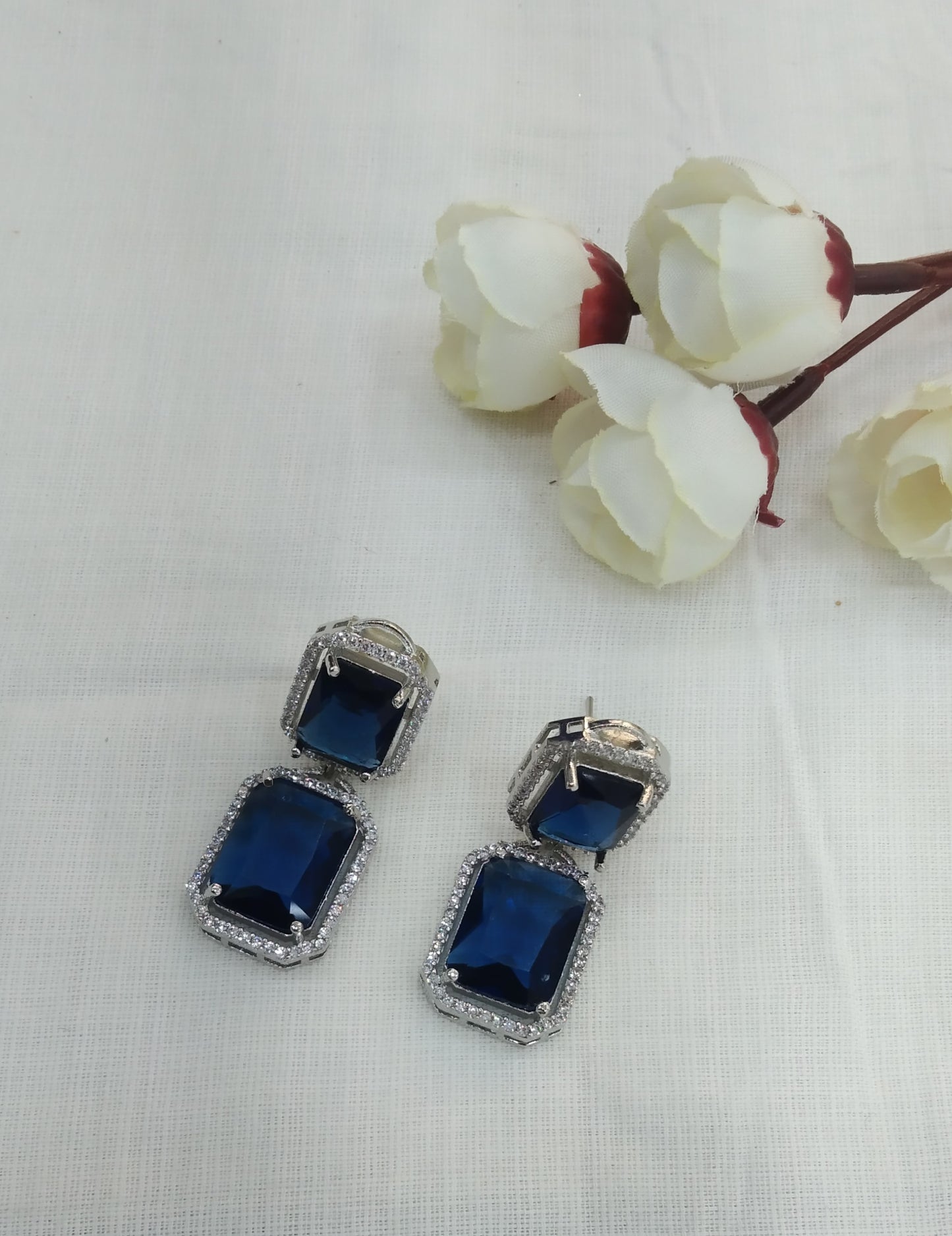 Silver Cubic Zirconia Diamond Kiran Earrings Blue