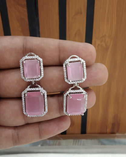 Silver Cubic Zirconia Diamond Kiran Earrings Pink