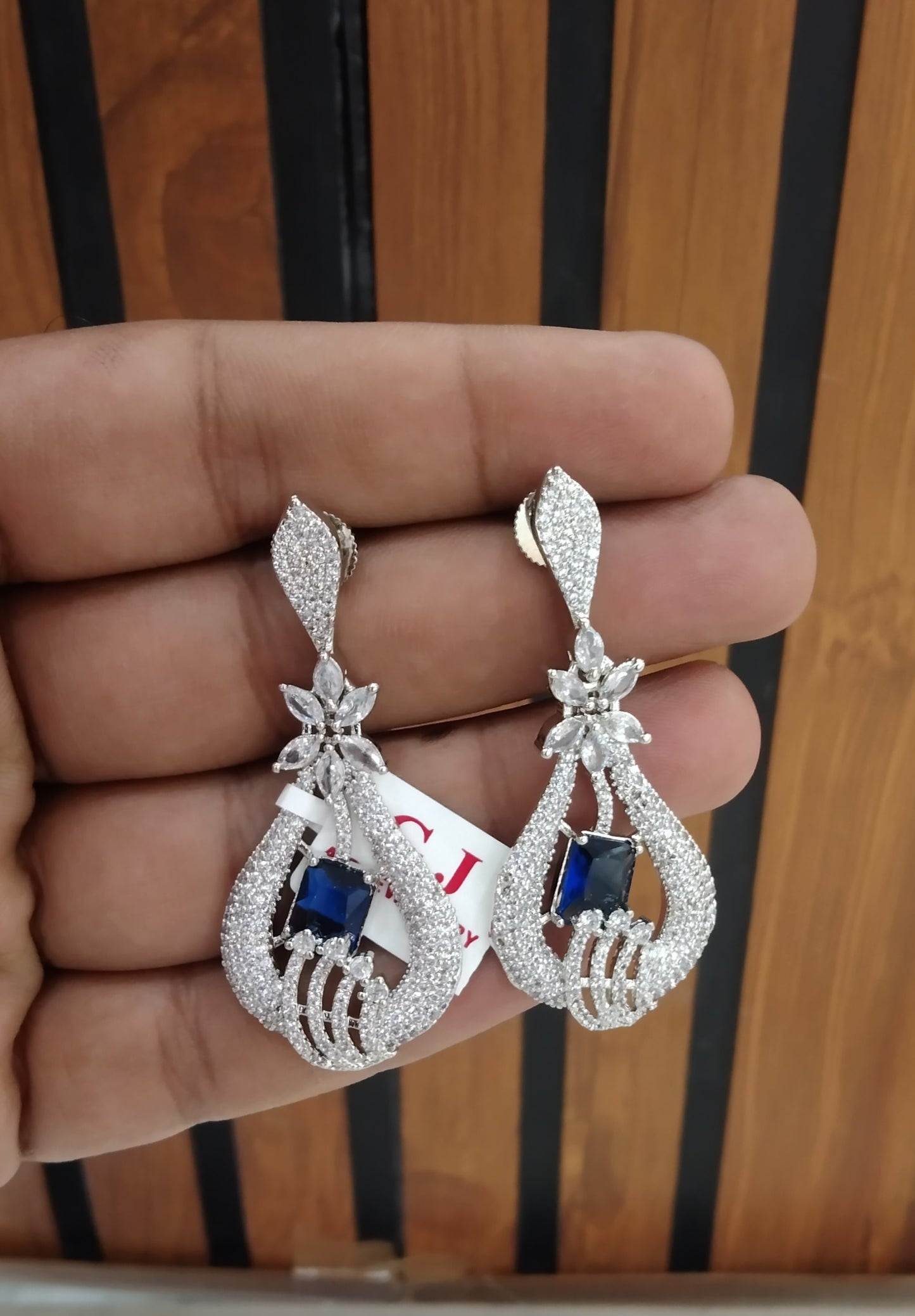 Silver Cubic Zirconia Diamond Kiran Earrings Blue